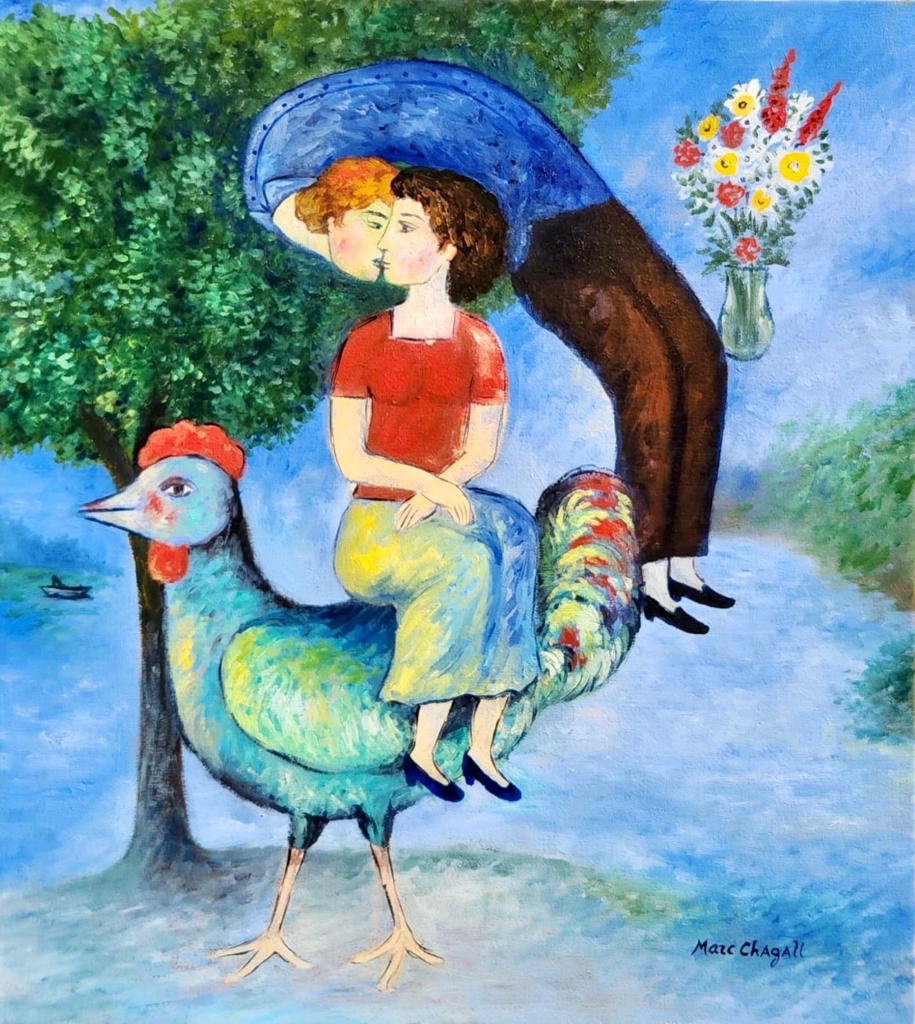 Marc Chagall Russian ( Oil on Canvas) style of: Beautiful Oil on canvas painting rendered in the expressionism style of Marc Chagall. Technique: Oil on canvas painting. Measures: 18 x 16 inches. Provenance: Private collection Europe France. The Pai