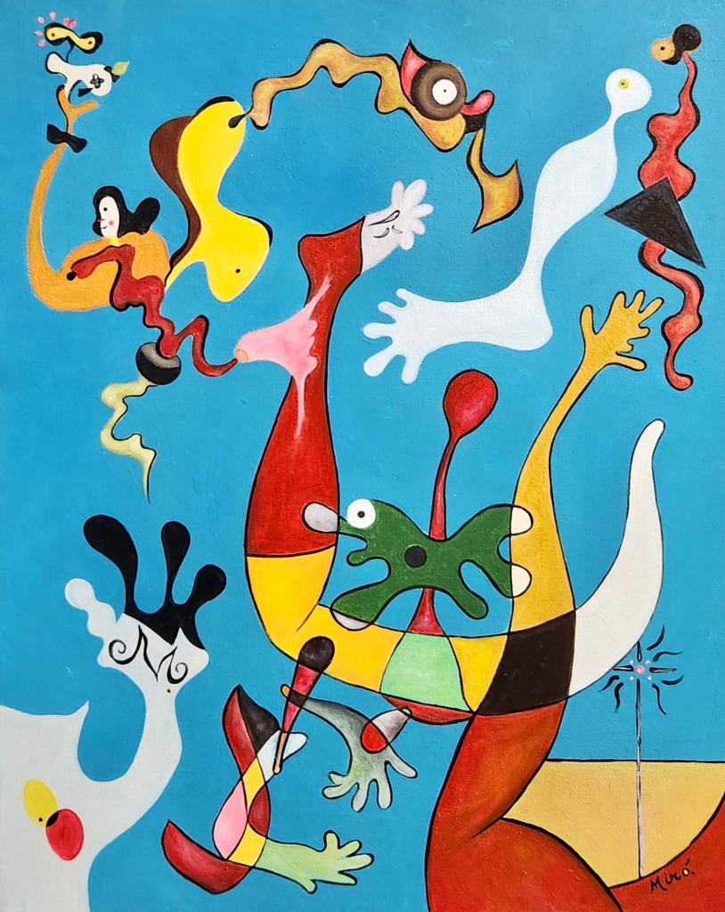 Joan Miro Spanish ( Oil on Canvas Painting ) style of: Beautiful and unique Oil on canvas painting rendered in the surrealist style of Joan Miro. Technique: Oil on canvas painting. Measures: 20 x 26 Inches. Provenance: Private collection Barcelona, Spain.