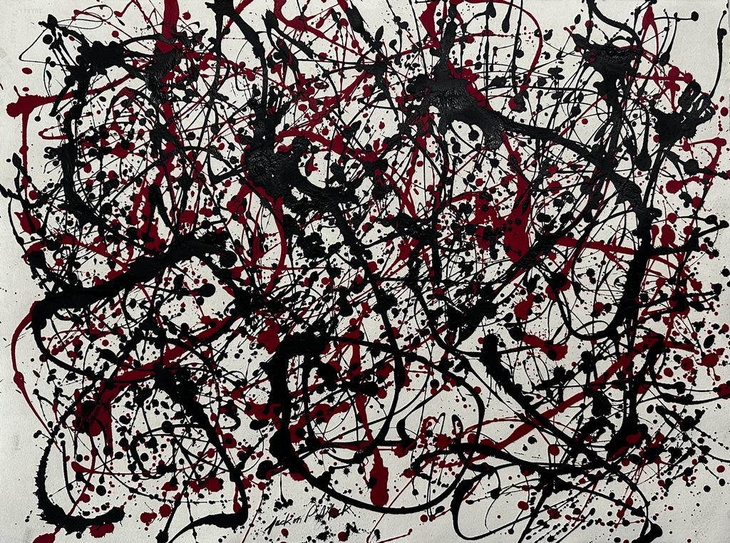 Jackson Pollock American ( Large Oil on Paper Painting) style of: Beautiful drip Color Painting Rendered in the style of Jackson Pollock. Technique: Oil on paper painting. Measures: 22 x 30 Inches. Provenance: Private collection New York Acquired by family descent.