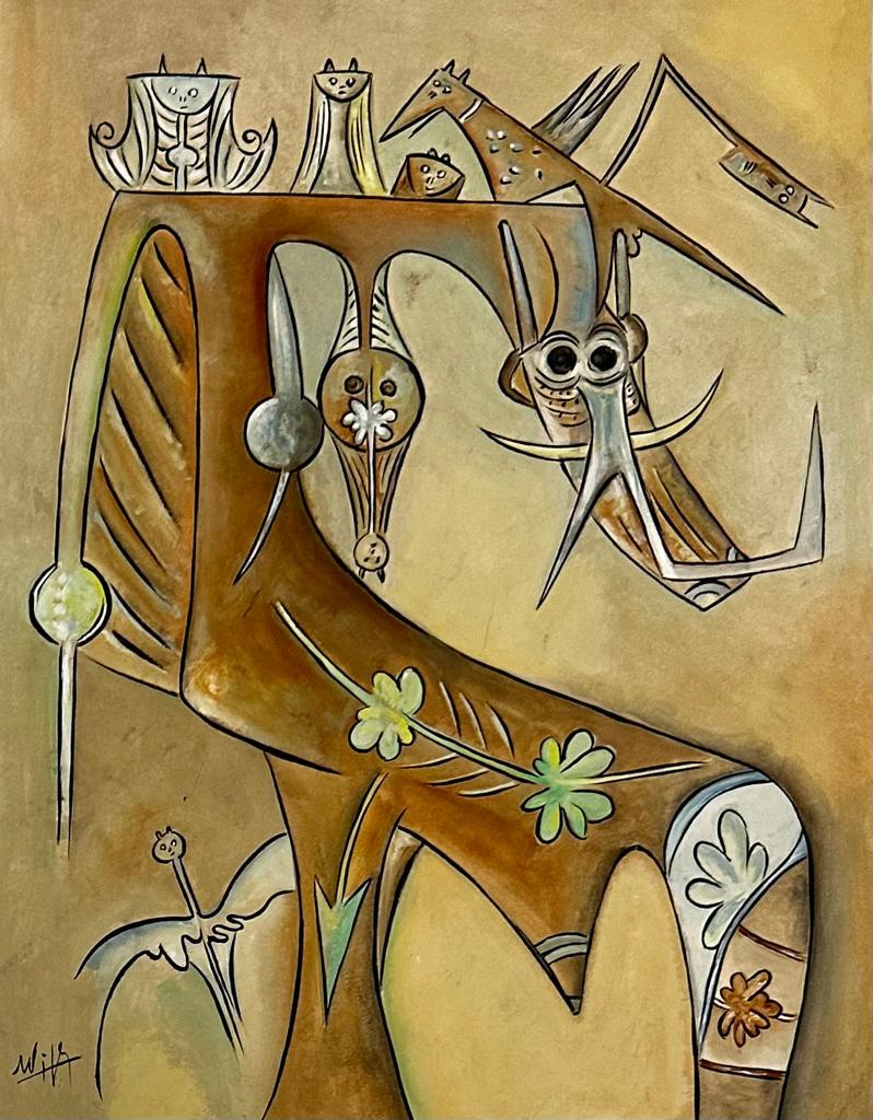 Wifredo Lam Cuban ( Gouache on Paper Painting) style of: Rendered in the style of Wifredo Lam.Technique: Gouache on Paper. Measures: 15 x 12 Inches. Provenance:Private Collection . The painting is framed. Lived between December 8, 1902 â€“ September 11