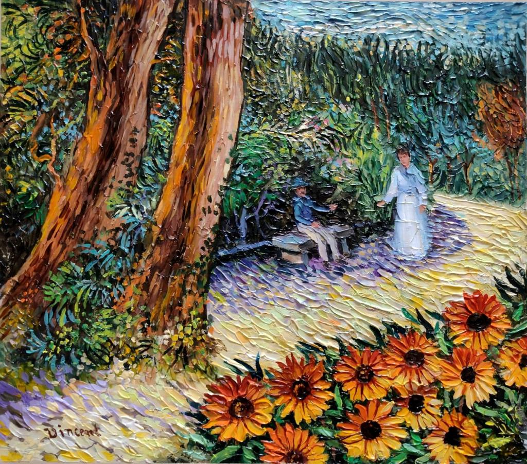 Vincent van Gogh Dutch ( Verliefd Stel / Oil on Canvas painting) Style Of: Figurative Landscape Oil on canvas painting rendered in the style of Vincent van Gogh.Name of the painting:Verliefd Stel / Couple in love.Measures: 14 x 16 Inches. Provenance: Private collection Europ