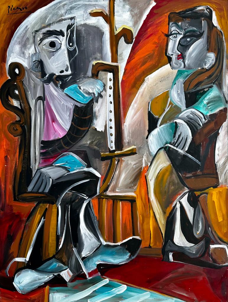 Pablo Picasso Spanish 1881 1973 (Oil on Canvas Painting) style of: Large and Beautiful oil on canvas Painting,Rendered in the cubist style of Pablo Picasso. Technique: Oil on Canvas. Measures: 40 x 30 Inches. Provenance:Private Collection Spain Acquired by descent in