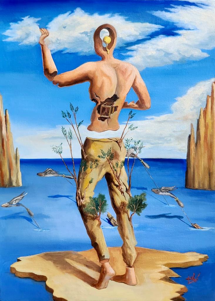 Salvador Dali Spanish 1904 - 1989 ( Oil on Canvas Painting ) style of: Unique Oil on canvas painting, rendered in the surrealist style of Salvador Dali. Technique: Oil on canvas painting. Measures: 20 x 16 Inches. Provenance: Private collection Castropol family, Asturias