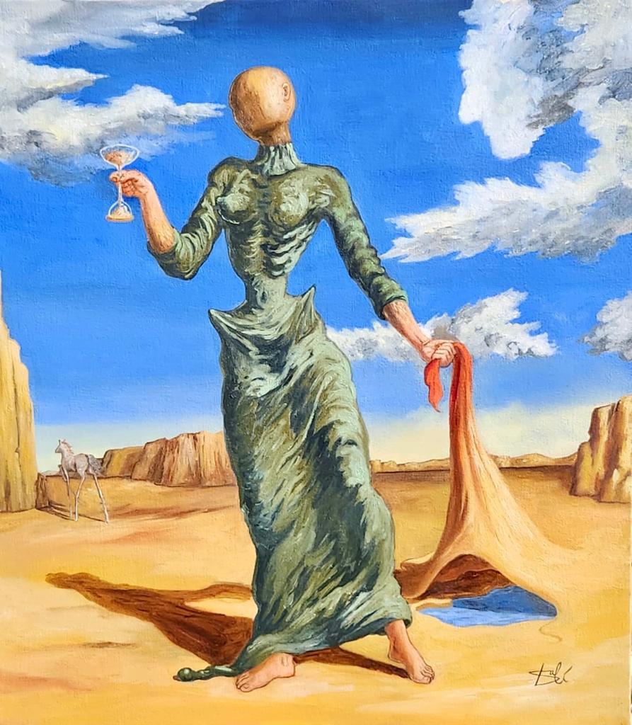Salvador Dali Spanish 1904 - 1989 ( Oil on Canvas Painting ) style of: Unique Oil on canvas painting, rendered in the surrealist style of Salvador Dali. Technique: Oil on canvas painting. Measures: 18 x 16 Inches. Provenance: Private collection France Acquired from a fri