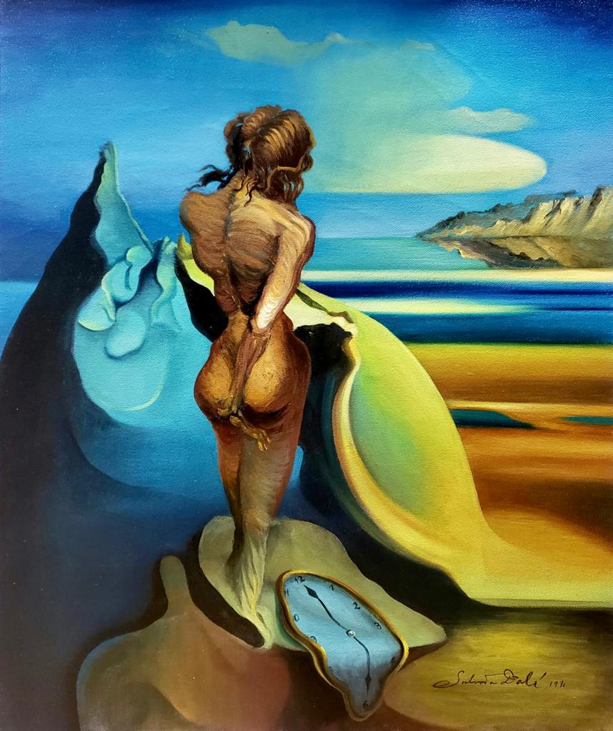 Salvador Dali Spanish 1904 - 1989 ( Oil on Canvas Painting ) style of: Unique Oil on canvas painting, rendered in the surrealist style of Salvador Dali. Technique: Oil on canvas painting. Measures: 20 x 16 Inches. Provenance: Private collection France Acquired from a fri