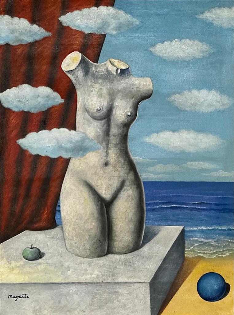 Rene Magritte Belgian 1898 - 1967 (Untitled Oil on Canvas Painting) style of: Oil on Canvas Surrealist Belgian Artist.Rendered in the style of Rene Magritte.Technique: Oil on Canvas. Measures: 20 x 15 Inches. Provenance:Private Collection Belgian Acquired in 1974. The painting 