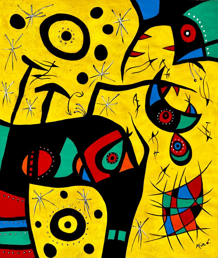 Joan Miro Spanish 1893 - 1983 ( Gouache on paper Painting ) style of: Beautiful and unique Gouache painting from a Spanish artist .Technique: Gouache on paper painting. Measures: 19 x 16 Inches. Provenance: Private collection France, Purchased in 1978 Paris. The Paintin