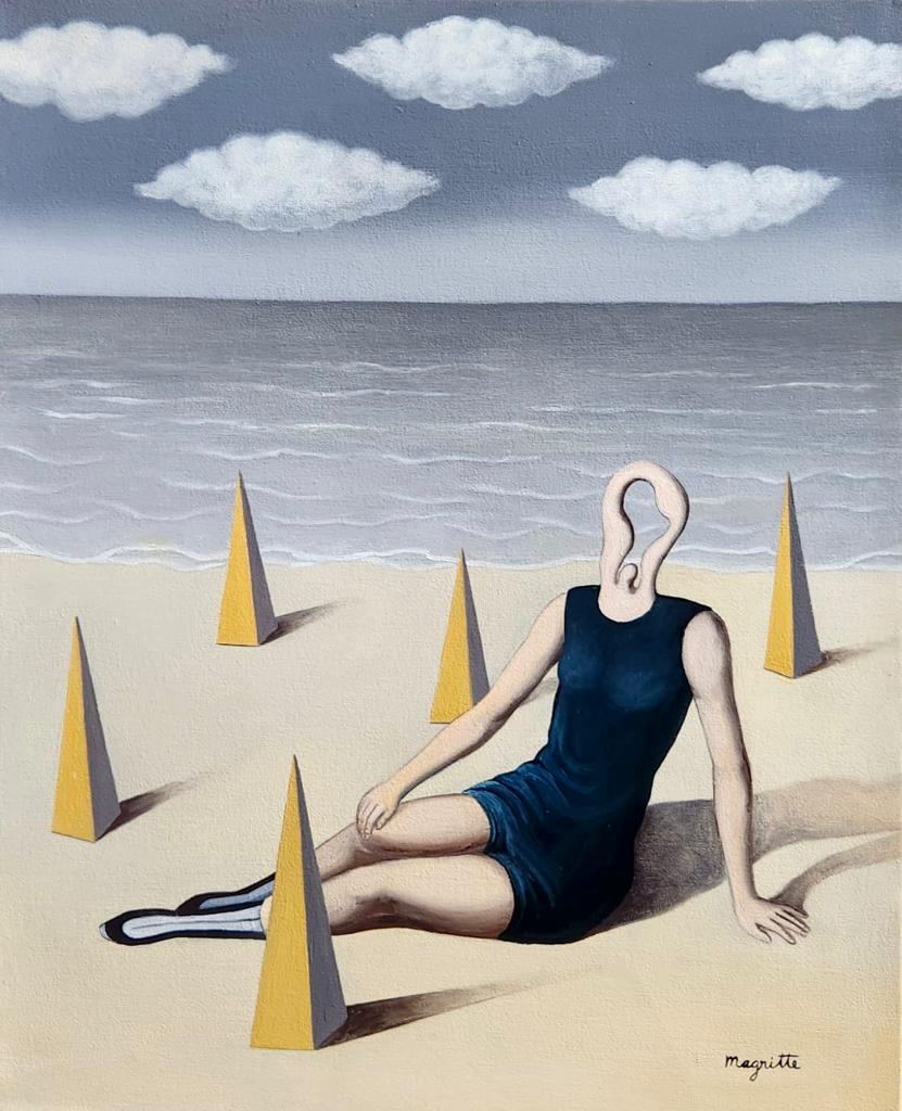 Rene Magritte Belgian 1898 - 1967 (Untitled Oil on Canvas Painting) style of: Amazing Surrealist Oil on Canvas Painting. Belgian Artist.Technique: Oil on Canvas. Measures: 20 x 16 Inches. Provenance:Private Collection Belgian Acquired in 1976. The painting is framed.Lived betwe
