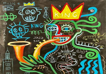 Jean Michel Basquiat American 1860 - 1988 ( Mixed media on paper Painting ): Great Piece of art From a Listed artist. Measures: 8 1/2 x 11 1/2 Inches. Provenance: Private Collection New York Stamp from the artist committee. Andre Emmerich Gallery New York .Technique: Mixed med