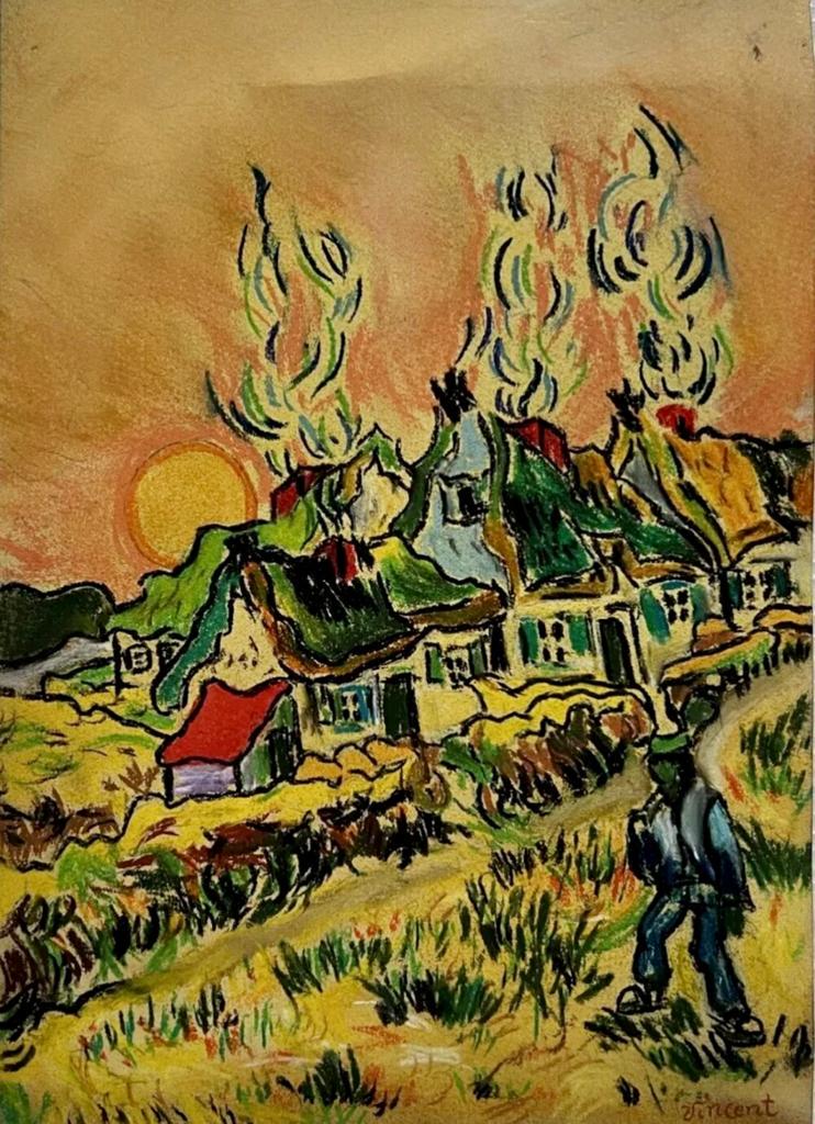 Vincent van Gogh Dutch 1853 - 1890 (Pastel on paper painting): Beautiful Figurative Landscaping Painting. Measures: 12 x 9 Inches.Technique: Pastel on paper Painting.Provenance: Private collection Germany Acquired in 1942 descent by family . The work is framed. L