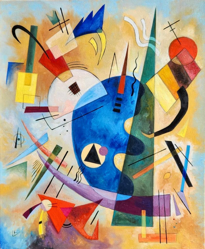 Wassily Kandinsky Russian 1866 - 1944 ( Oil on Canvas painting ) style of: Beautiful Abstract Painting . Measures: 18 x 15 inches. Provenance: Private Collection Europe Acquired in Moscow by 1945 , Acquired by family descent. Live Between:4 December] 1866 Ã¢€â€œ 1