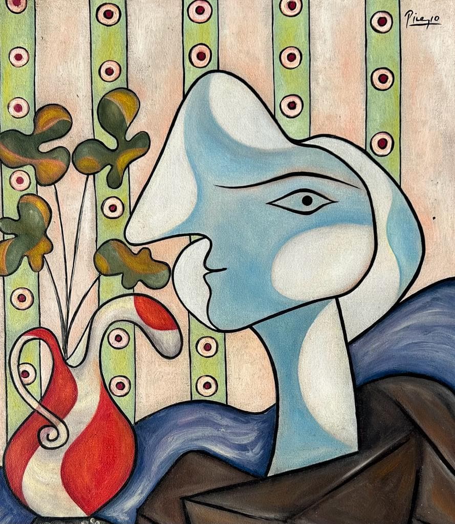 Pablo Picasso Spanish 1881 1973 (Oil on Canvas Painting) in the style of: Amazing Oil on Canvas Painting. Measures: 20 x 18 Inches. Provenance: Private collection Spain Acquired as a gift in 1976 , descent by family. .Technique: Oil on Canvas Painting .The painting is frame