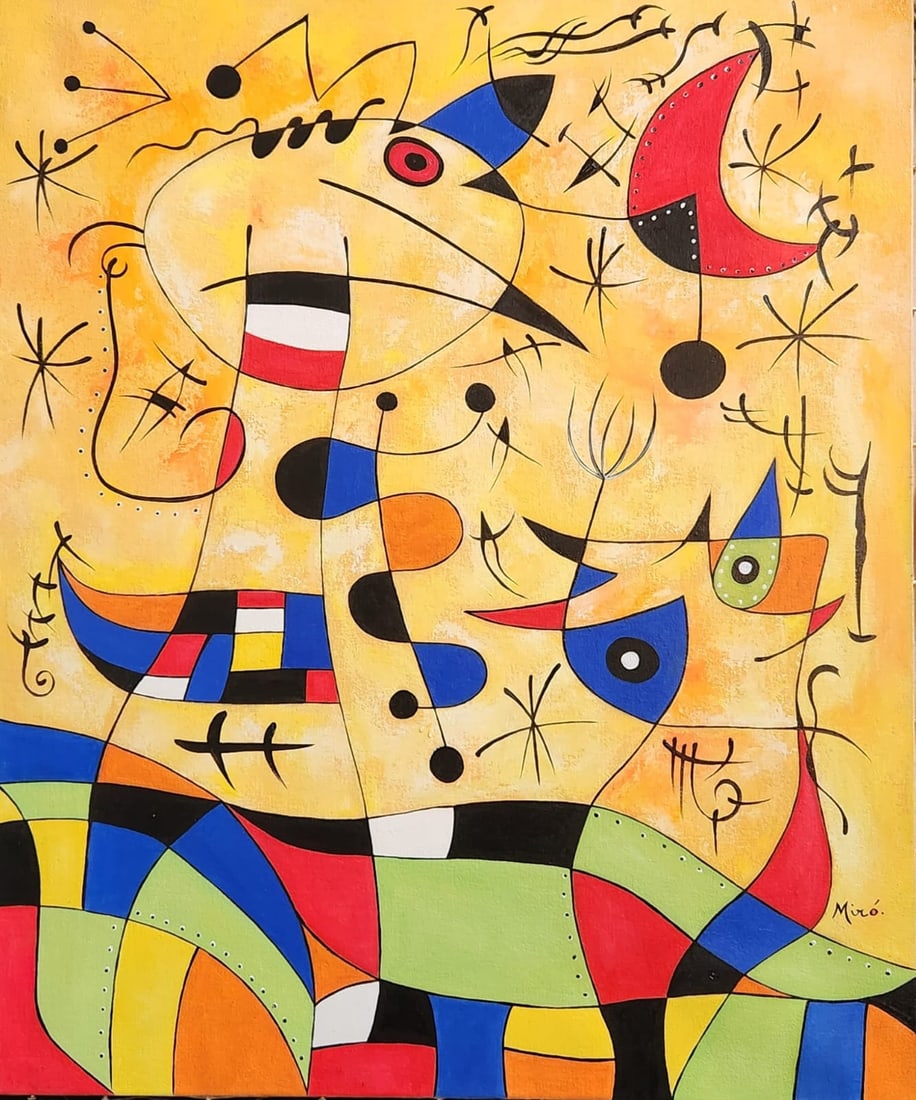 Joan Miro Spanish 1893 - 1983 ( Oil on Canvas Painting ): Beautiful and unique Oil on canvas painting from a spanish artist .Technique: Oil on canvas painting. Measures: 24 x 20 Inches. Provenance: Private collection Barcelona, Spain Acquired from a closed f