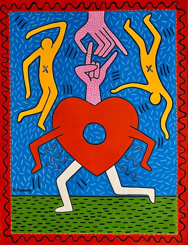 Keith Haring American 1958 - 1990 ( Acrylic on canvas Painting) style of: Acrylic on Canvas Painting . Technique: Acrylic on Canvas Painting. Measures: 26 x 20 Inches. Provenance: Private Collection New York Acquired by a friend of the artist by 1987 .The Painting is framed