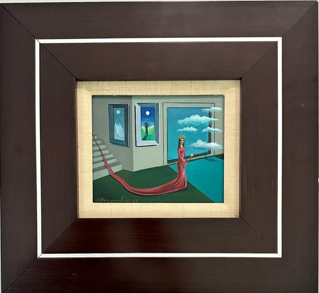 Gertrude Abercrombie American 1909 - 1977 (Queen of nowhere / Oil on Masonite Painting ): Unique Oil on Masonite painting.Name of the painting: Queen of nowhere. Technique: Oil on Masonite painting. Measures: 6 1/4 x 7 1/2 Inches. Provenance: Private collection Texas Purchased from the Art
