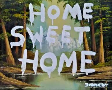 Banksy (b.1974) Home Sweet Home: This lot consists of an aerosol painting on a oil on canvas painting, done in the contemporary style of street artist Banksy (British, 1974 -). Approximate overall dimensions are 20 x 16 inchesProvena