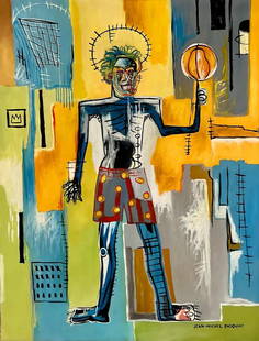 Jean Michel Basquiat American 1960 - 1988 (Untitled Acrylic on canvas Painting) style of: Acrylic on Canvas painting Untitled Technique: mixed media on Canvas painting. Measures: 26 x 20 Inches. Provenance: Private collection west palm beach. The Painting is framed. Lived between(December