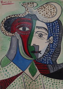 Pablo Picasso Spanish 1881 1973 ( untitled Oil on Canvas Painting): Amazing Oil on Canvas Painting. Measures: 27 x 19 Inches. Provenance: Private collection France Purchased by 1973 Perls galleries stamp on the back.Technique: Oil on Canvas Painting .The painting is f