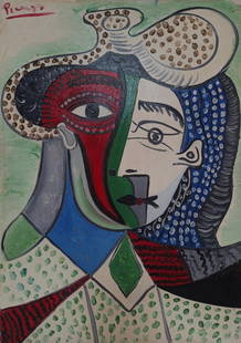 Pablo Picasso Spanish 1881 1973 ( untitled Oil on Canvas Painting): Amazing Oil on Canvas Painting. Measures: 27 x 19 Inches. Provenance: Private collection France Purchased by 1973 Perls galleries stamp on the back.Technique: Oil on Canvas Painting .The painting is