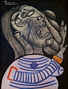 Pablo Picasso Spanish 1881 1973 ( untitled Oil on Canvas Painting) style of: Amazing Oil on Canvas Painting. Measures: 31 x 23 Inches. Provenance: Private collection Barcelona Acquired by family descent, seller in Barcelona. the painting is currently in the way to the auction