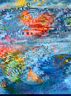 Marc Chagall Russian 1887 - 1985 ( Le village Blue Oil on Canvas Painting): Beautiful Oil on canvas painting . Technique: Oil on canvas painting. Measures: 30 x 24 inches. Provenance: Private collection Europe France acquired by descent in 1973, Galerie Louis Carre Paris stam