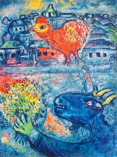 Marc Chagall Russian 1887 - 1985 ( Le village Blue Oil on Canvas Painting): Beautiful Oil on canvas painting . Technique: Oil on canvas painting. Measures: 30 x 24 inches. Provenance: Private collection Europe France acquired by descent in 1973, Galerie Louis Carre Paris