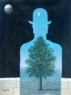 Rene Magritte Belgian 1898 - 1967 (Untitled Oil on Canvas Painting): Amazing Surrealist Oil on Canvas Painting. Belgian Artist.Technique: Oil on Canvas. Measures: 24 x 18 Inches. Provenance:Private Collection Belgian Acquired in 1976, Gallery Stamp on the back. The pai