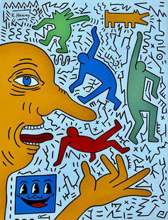 Keith Haring American 1958 - 1990 ( Acrylic on canvas Painting) style of: Amazing American artist painting.Measures: 26 x 20 Inches.Technique: Acrylic on canvas Painting. Provenance: Private Collection West Palm Beach Acquired in New York Private Collection. The work is fra