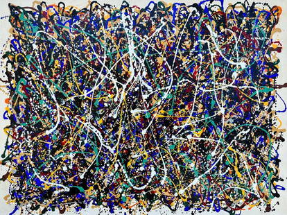 Jacksom Pollock American ( Large Oil on canvas Painting ) style of: Beautiful American Abstract Expressionist Hand Painted art. Measures: 26 x 33 Inches. Provenance: Private Collection New York, Acquired by descent. .Technique: Oil on canvas Painting .The painting is