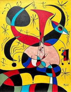 Joan Miro Spanish 1893 - 1983 ( Oil on Canvas Painting ) style of: Beautiful and unique Oil on canvas painting from a spanish artist .Technique: Oil on canvas painting. Measures: 20 x 15 Inches. Provenance: Private collection Barcelona, Spain Acquired from a closed f