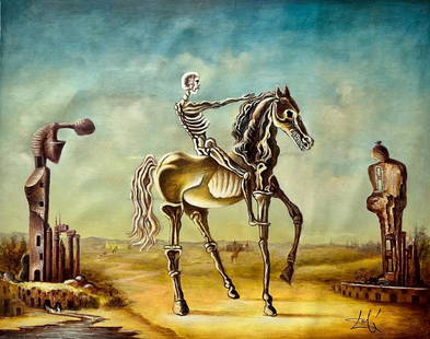 Salvador Dali Spanish 1904 - 1989 ( Large Oil on Canvas Painting ): Unique Oil on canvas painting. Technique: Oil on canvas. Measures: 31 x 39 Inches. Provenance: Private collection Paris Acquired From a Friend of the Artist Barcelona Gallery Mathias Felt Stamp , Pear