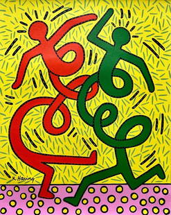 Keith Haring American 1958 - 1990 ( Untitled Acrylic on canvas Painting) style of: Acrylic on Canvas Painting Rendered in the Pop art Style of Keith Haring. Technique: Acrylic on Canvas Painting. Measures: 20 x 16 Inches. Provenance: Private Collection New York Acquired by a friend