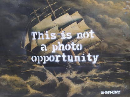 Banksy (b.1974) This is not a photo opportunity: This lot consists of an aerosol painting on a oil on canvas painting, done in the contemporary style of street artist Banksy (British, 1974 -). Approximate overall dimensions are 27 x 20 inches , Prov