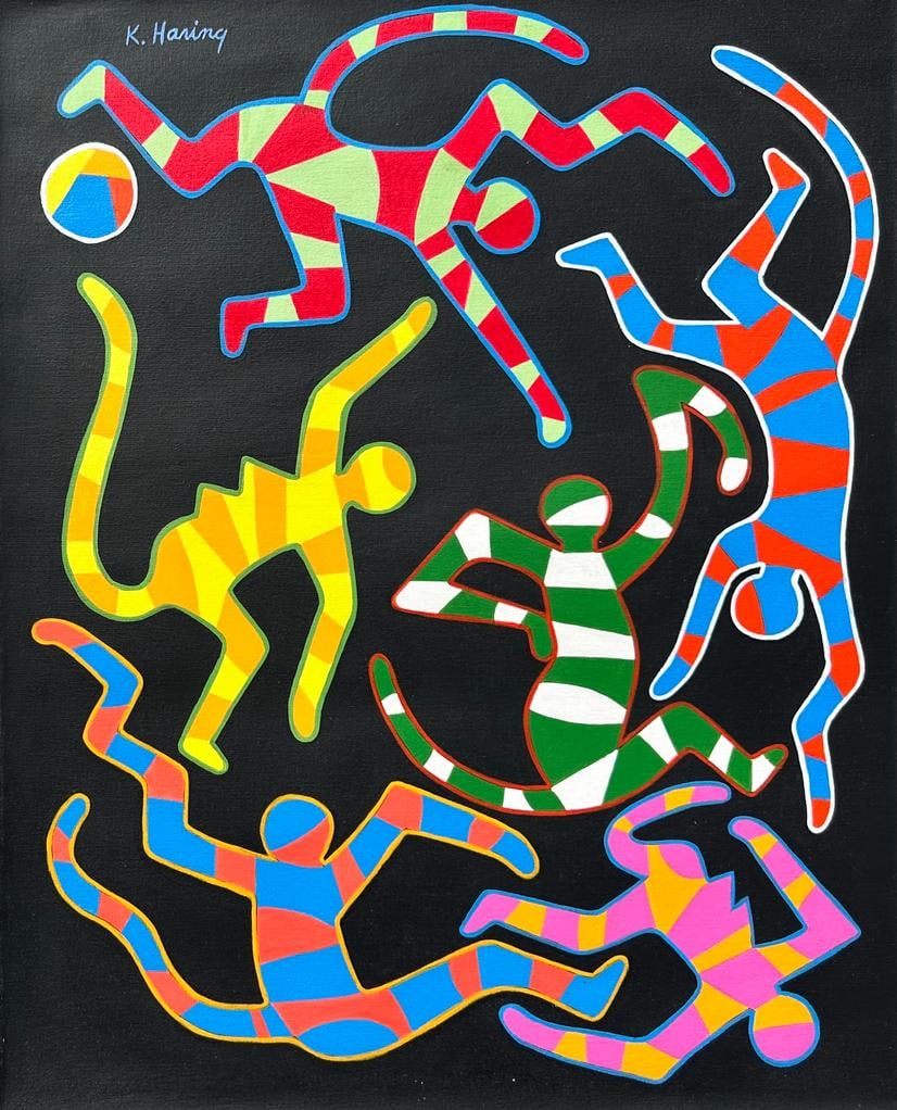 Keith Haring American 1958 - 1990 ( Acrylic on canvas Painting) style of: Acrylic on Canvas Painting . Technique: Acrylic on Canvas Painting. Measures: 20 x 16 Inches. Provenance: Private Collection New York Acquired by a friend of the artist by 1987, State artist stamp on