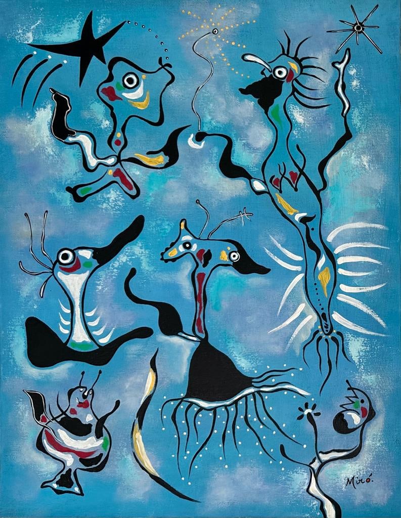 Joan Miro Spanish 1893 - 1983 ( Oil on Canvas Painting ): Beautiful and unique Oil on canvas painting from a spanish artist .Technique: Oil on canvas painting. Measures: 18 x 14 Inches. Provenance: Private collection Barcelona, Spain Acquired from a closed f