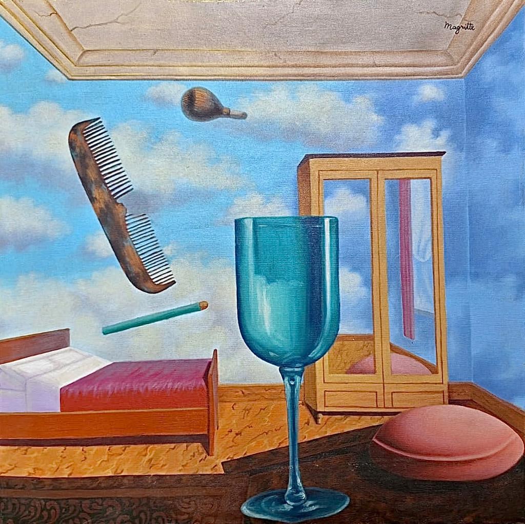 Rene Magritte Belgian 1898 - 1967 (Untitled Oil on Canvas Painting): Amazing Surrealist Oil on Canvas Painting. Belgian Artist.Technique: Oil on Canvas. Measures: 25 x 25 Inches. Provenance:Private Collection Belgian Acquired in 1969, The painting is framed.Lived betwe