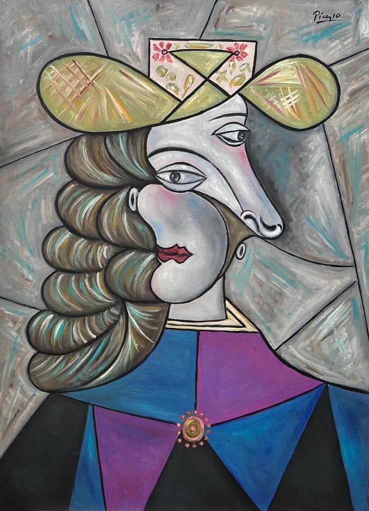 Pablo Picasso Spanish 1881 1973 ( untitled Oil on Canvas Painting) style of: Amazing Oil on Canvas Painting. Measures: 22 x 16 Inches. Provenance: Private collection France Purchased by 1976 Technique: Oil on Canvas Painting .The painting is framed. Lived between (25 October 1