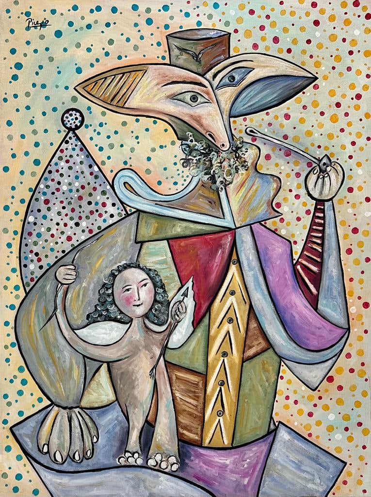 Pablo Picasso Spanish 1881 1973 ( untitled Oil on Canvas Painting) style of: Amazing Oil on Canvas Painting. Measures: 24 x 18 Inches. Provenance: Private collection France Purchased by 1976 , Seller in France.Technique: Oil on Canvas Painting .The painting is framed. Lived be