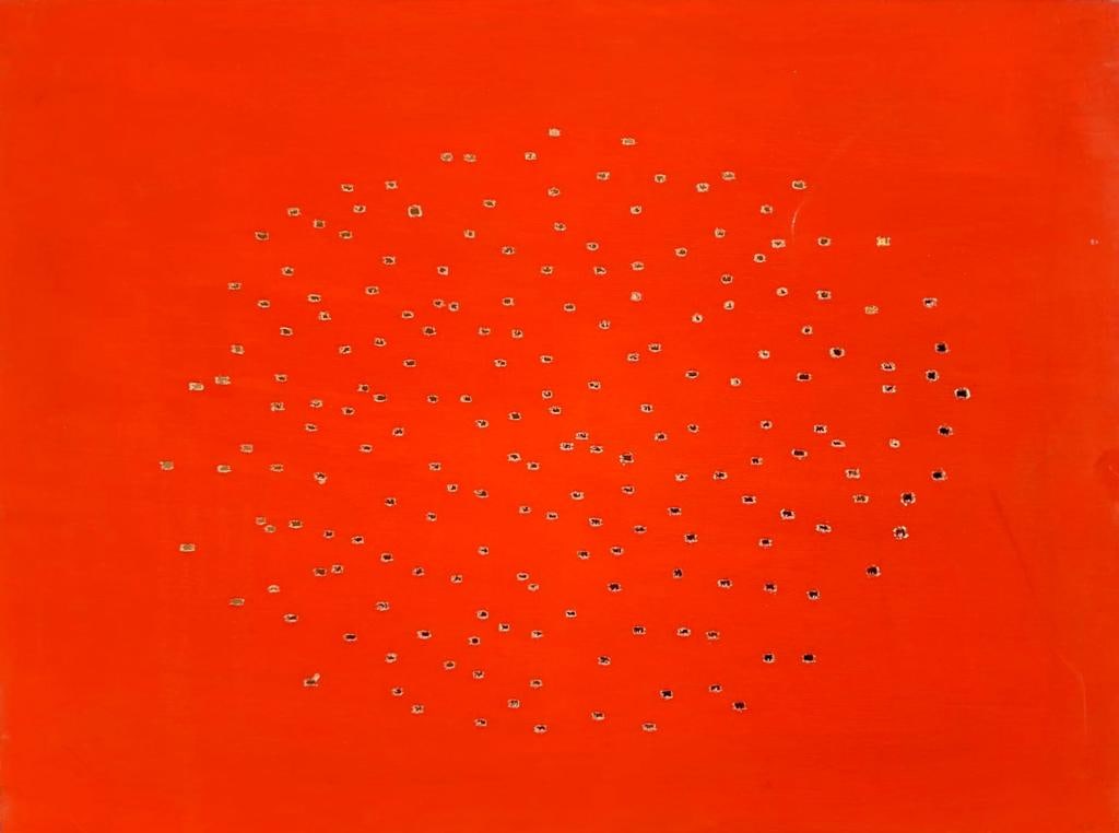 Lucio Fontana Argentine-Italian 1899-1968 (Oil on canvas painting): Unique Oil on canvas painting. Technique: Spatialism Technique Oil on canvas painting. Measures: 23 1/2 x 31 Inches. Provenance: Private collection New York Purchased in 1968, Leo catelli New York The