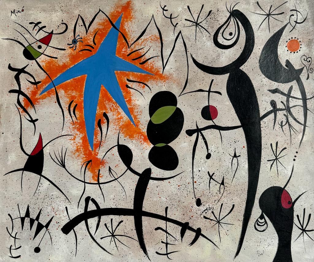Joan Miro Spanish 1893 - 1983 ( Oil on Canvas Painting ): Beautiful and unique Oil on canvas painting . Technique: Oil on canvas painting. Measures: 20 x 24 Inches. Provenance: Private collection Barcelona, Private sale in 1980 Current seller in France. The 