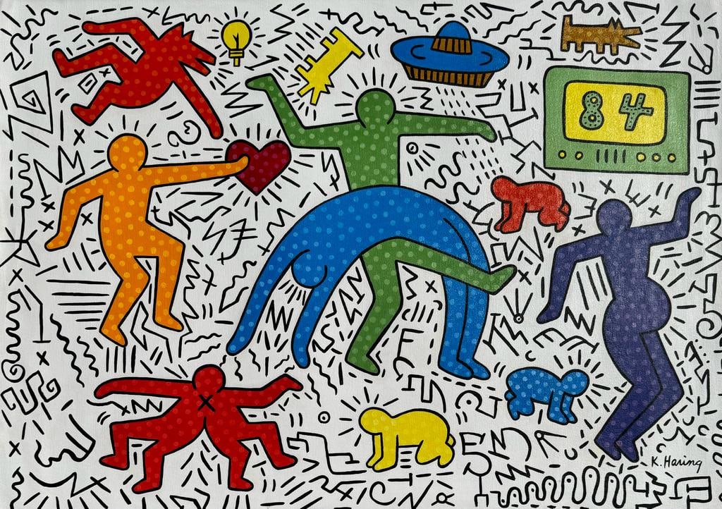 Keith Haring American 1958 - 1990 ( Acrylic on canvas Painting) style of: Acrylic on Canvas Painting . Technique: Acrylic on Canvas Painting. Measures: 19 x 27 Inches. Provenance: Private Collection New York Acquired by a friend of the artist by 1987 .The Painting is framed