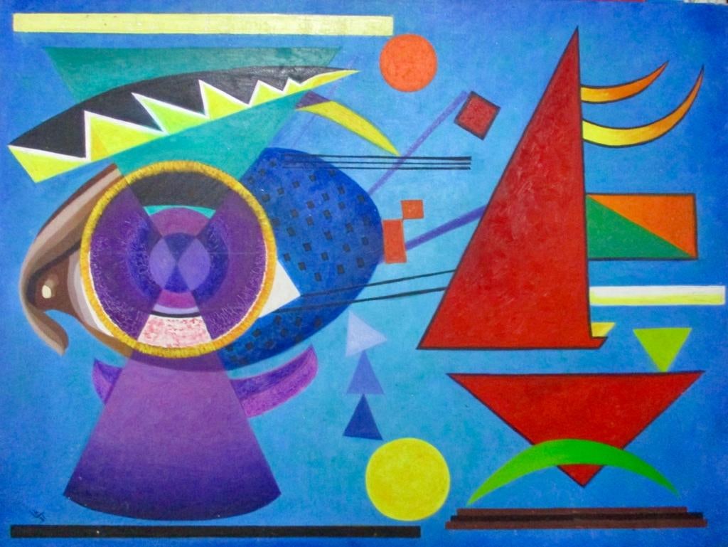 Wassily Kandinsky Russian 1866 - 1944 ( Oil on Canvas painting ) style of: Beautiful Abstract Painting . Measures: 23 x 31 inches. Provenance: Private Collection Europe Acquired in Moscow by 1945 , Acquired by family descent. Live Between:4 December] 1866 13 December 1944) w
