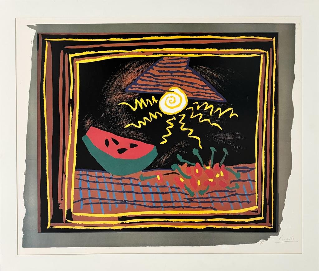 Pablo Picasso (Spanish, 1881-1973) Still Life with a Watermelon 1962 - Linocut in colors: Title: Still Life with a WatermelonArtist: Pablo Picasso (Spanish, Malaga 1881â€“1973 Mougins, France)Printer: Printed by Hidalgo ArnÃ©raPublisher: Published by Galerie Louise Leiris (Paris)Dat