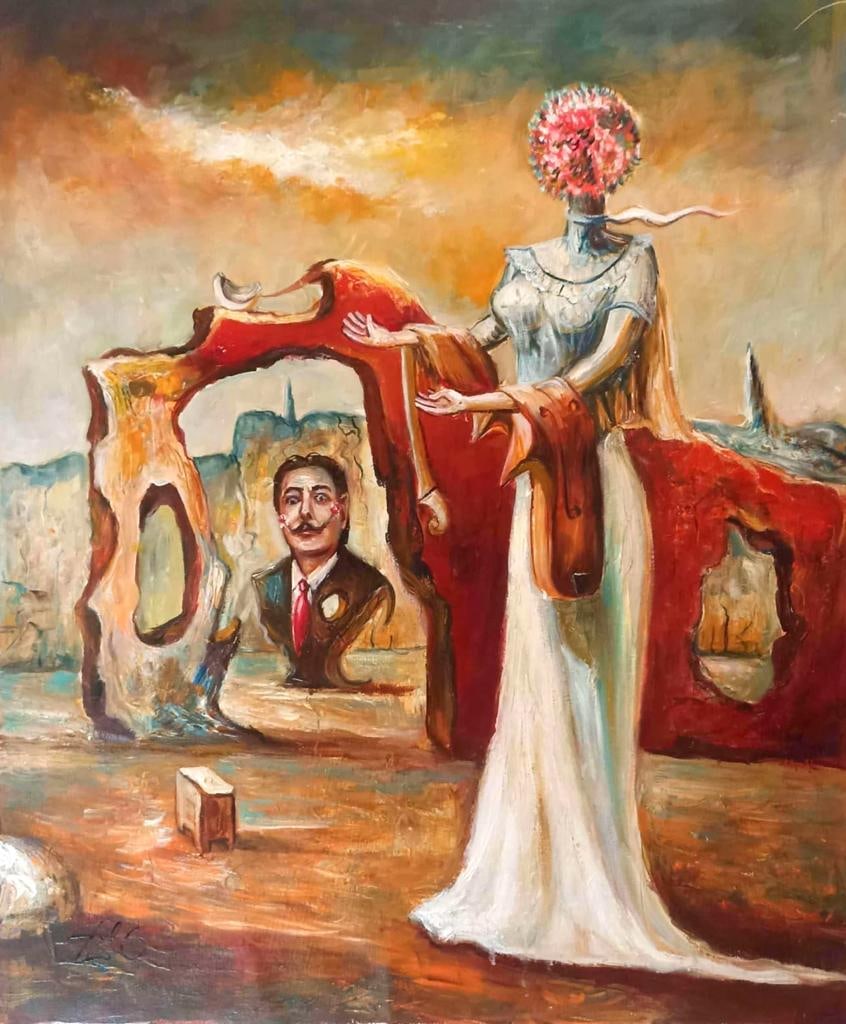 Salvador Dali Spanish 1904 - 1989 ( Untitled Oil on Canvas Painting ): Unique Oil on canvas painting. Technique: Oil on canvas. Measures: 30 x 24 Inches. Provenance: Private collection Paris Acquired From a Friend of the Artist France stamped on the back. The Painting is