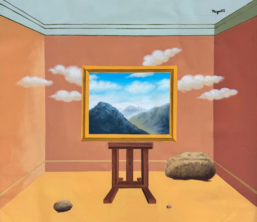 Rene Magritte Belgian 1898 - 1967 (Untitled Oil on Canvas Painting): Amazing Surrealist Oil on Canvas Painting. Belgian Artist.Technique: Oil on Canvas. Measures: 31 x24 Inches. Provenance:Private Collection New York stamped on the back. The painting is framed.Lived be