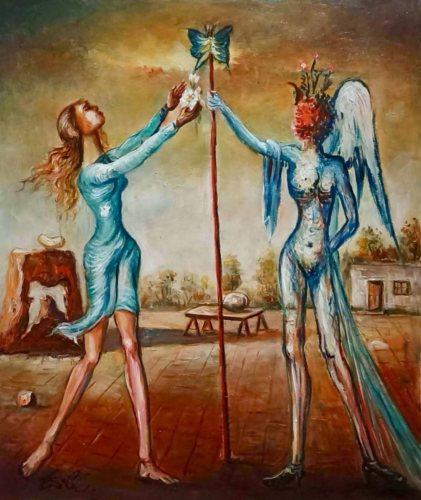 Salvador Dali Spanish 1904 - 1989 ( Oil on Canvas Painting ): Unique Oil on canvas painting. Technique: Oil on canvas. Measures: 20 x 16 Inches. Provenance: Private collection Madrid Acquired from a Artist Private collector. The Painting is framed. Lived between