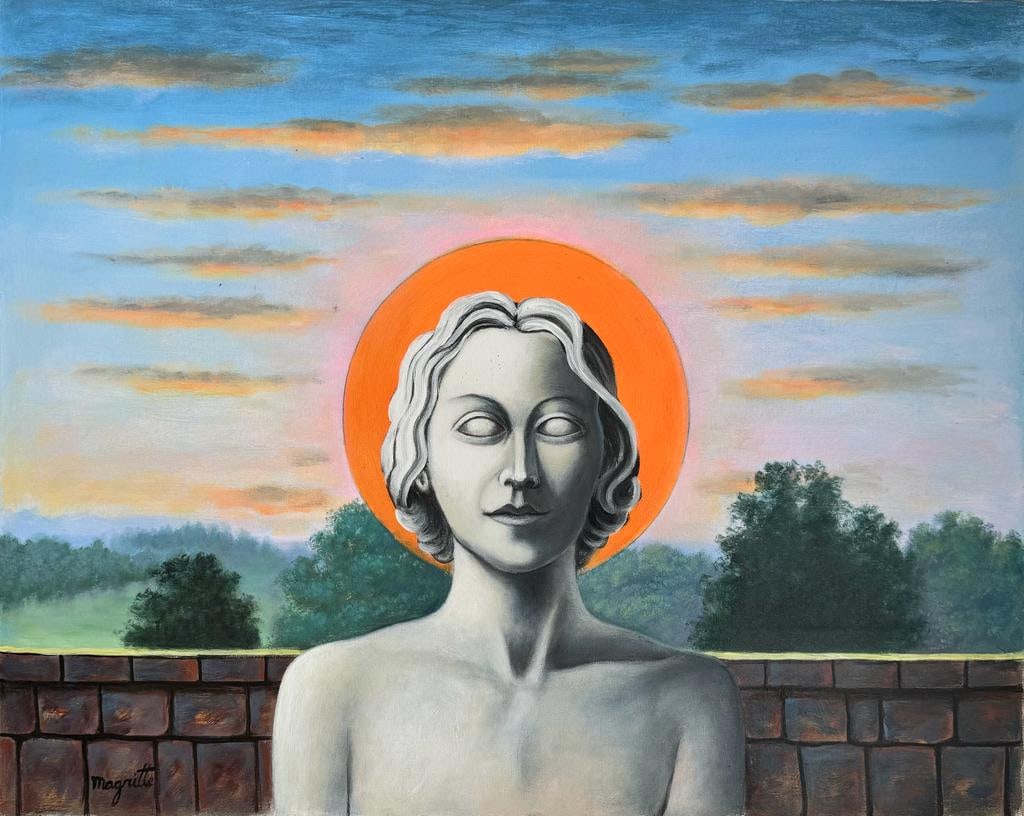 Rene Magritte Belgian 1898 - 1967 (Untitled Oil on Canvas Painting): Amazing Surrealist Oil on Canvas Painting. Belgian Artist.Technique: Oil on Canvas. Measures: 24 x 30 Inches. Provenance:Private Collection US Purchased in New York 1975. The painting is framed.Lived 