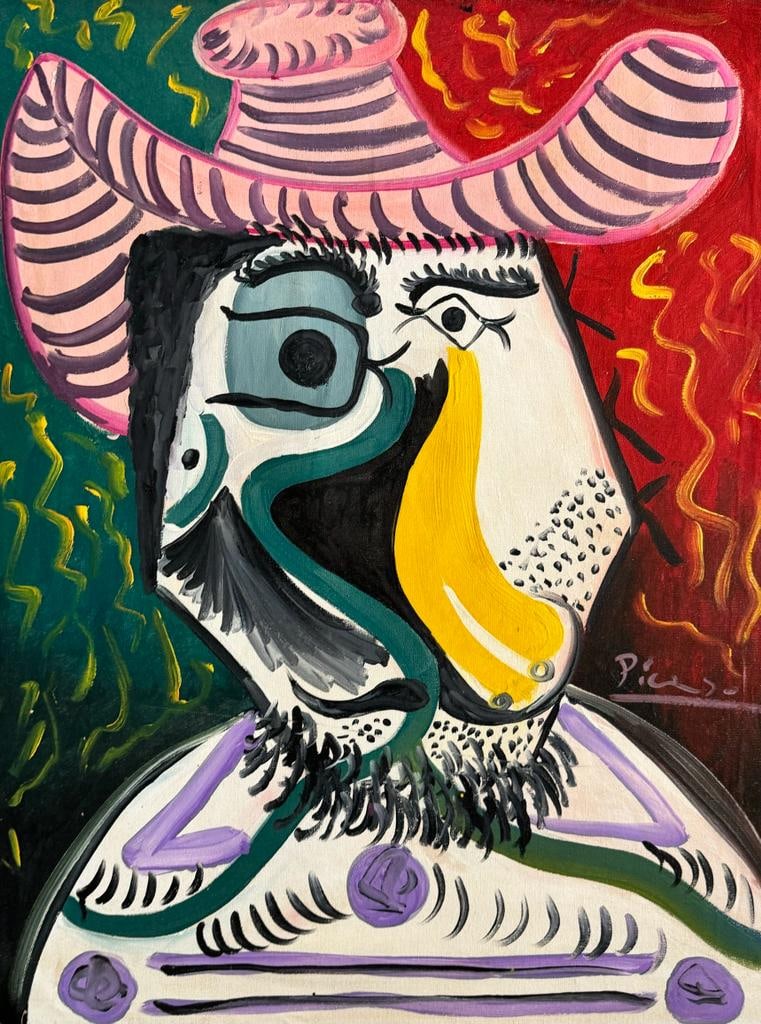 Pablo Picasso Spanish 1881 1973 (Untitled Oil on Canvas Painting): Amazing Oil on Canvas Painting. Measures: 31 x 23 Inches. Provenance: Private collection France, New York acquired by family descent 1986, Stick on the back.Technique: Oil on Canvas Painting .The pain