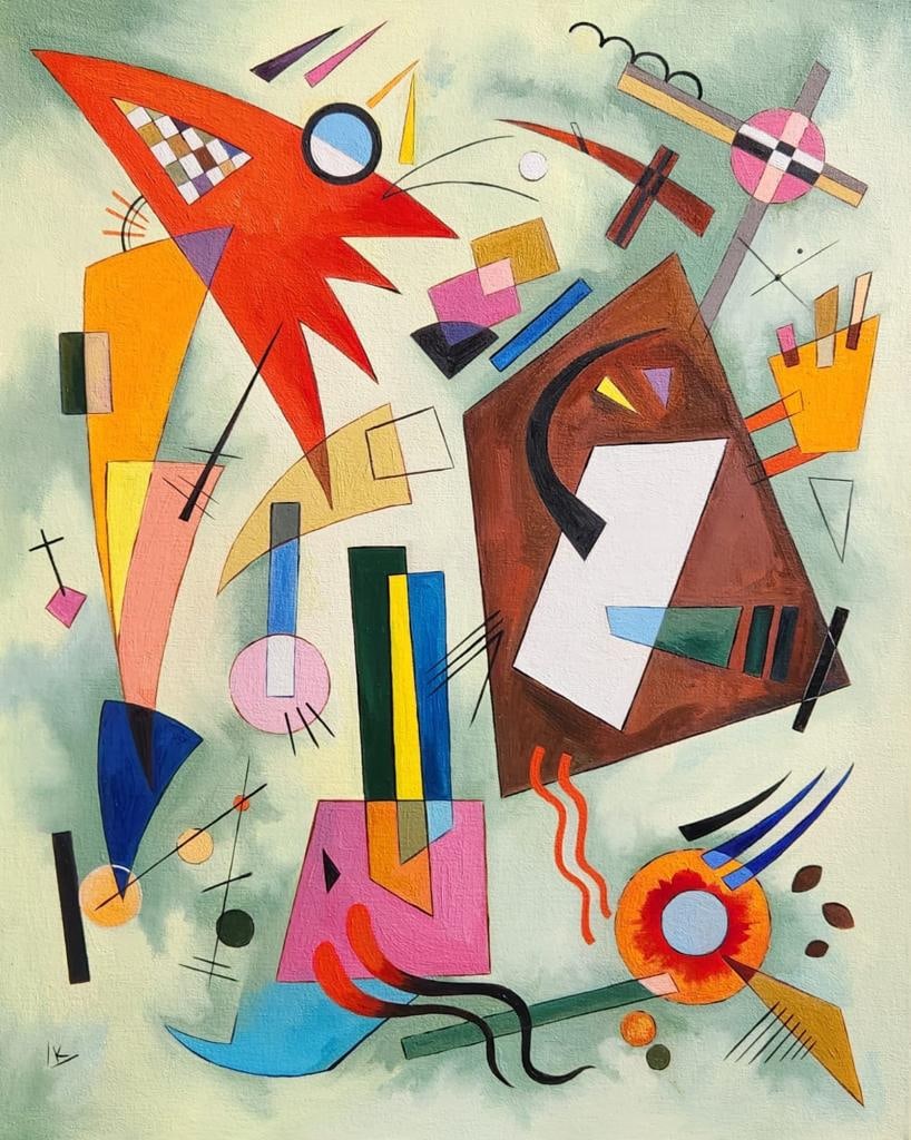 Wassily Kandinsky 1866 - 1944 ( Oil on Canvas painting ) style of: Beautiful Abstract Painting . Measures: 20 x 16 inches. Provenance: Private Collection Europe Acquired in Moscow by 1953 , Acquired by family descent. Live Between:4 December] 1866 13 December 1944) w