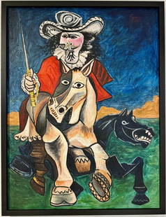 Pablo Picasso Spanish1881-1973 Oil on canvas Painting COA Renowned Spanish artist Leger Chagall: Masterful Oil on Canvas Painting Mosquetero." Dimensions: 39 x 33 Inches. Distinguished provenance, originating from a private collection in France, followed by a presence at Kootz Gallery in New York